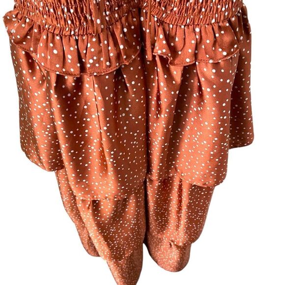 Storia Smocked Tiered Maternity Rust Polka Dot Midi Dress in Size Small - Picture 9 of 14